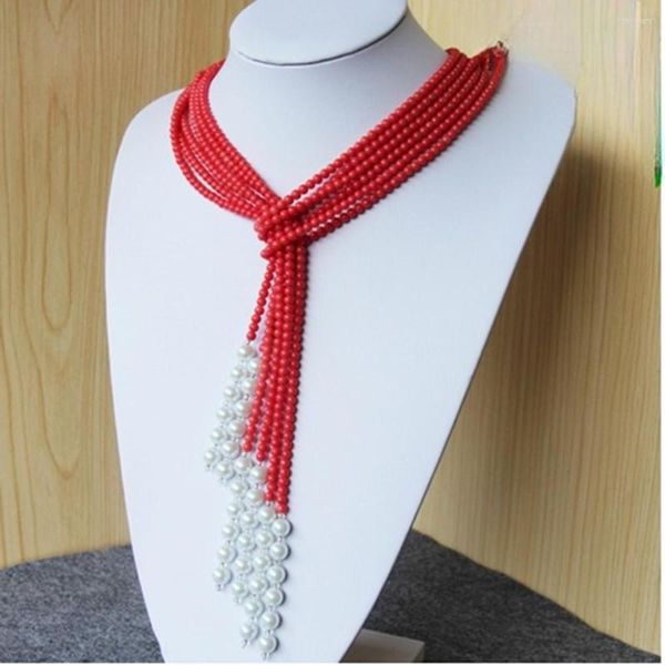 Catene annodate a mano 5mm corallo rosso 3 file perline collana di perle di conchiglia gioielli di moda da 55 pollici