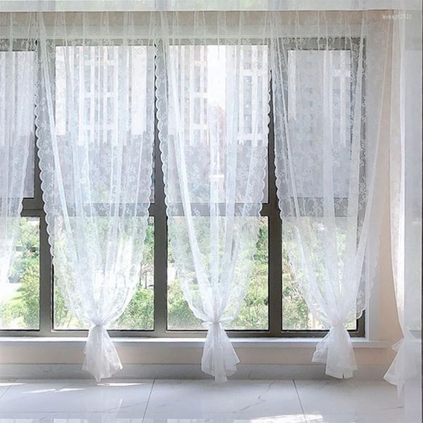 Cortina branca pura cortinas para sala de estar coreano princesa voile floral tule porta cozinha janela tela sanefa