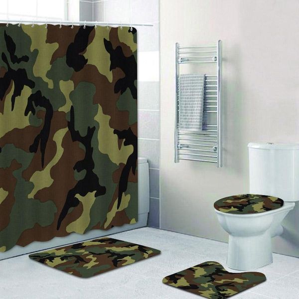Cortinas verdes militares camufladas, exército, estampa camuflada, conjunto de cortina de banheiro, floresta, caça, tapetes de banho, decoração de casa