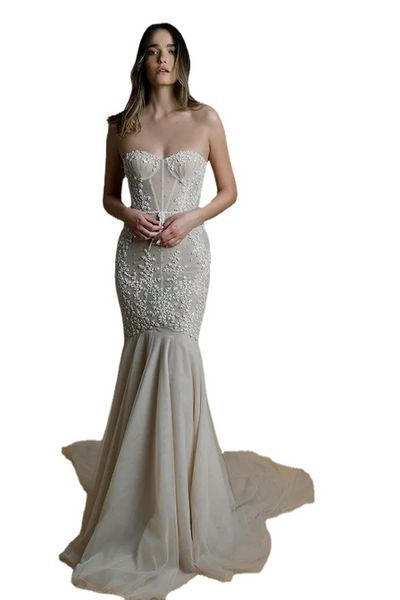 Liz Martinez Meerjungfrau Brautkleider Sexy trägerloses 3D-Blumen-Spitze-Applikationen Hochzeitskleid Sweep Zug Brautkleider Vestidos de Novia