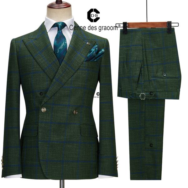 Мужские костюмы Blazers Cenne des Graoom Green Plaid Double Bread Cuits для мужской куртки и брюк 2 кнопка свадебного платья вечернее вечеринка костюм Homme 230612