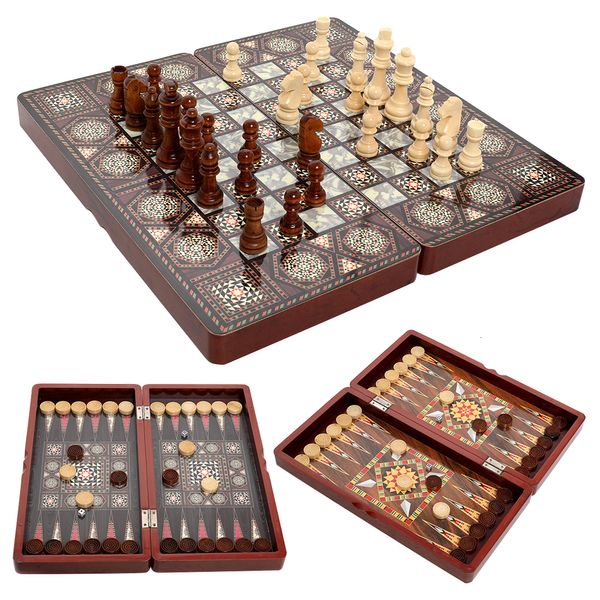 Schachspiele Holzsets Dame Backgammon 3 IN 1 Brettspieltisch Kinder Lernspielzeug 40CM faltbares Schachbrett 230612