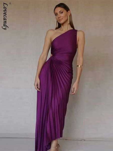 Abiti casual Eleganti abiti maxi con colletto diagonale pieghettato viola arruffato per le donne Abito irregolare senza maniche senza schienale Abiti da sera per signora Z0612