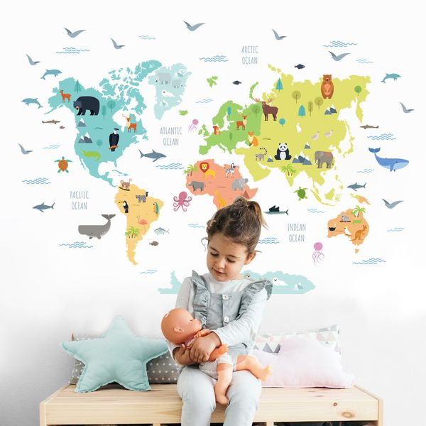 Cartoon Animal World Map Nursery Wall Sticker Peel and Stick Vinyl Decalcomania da muro rimovibile Murale Kids Bedroom Playroom Home Decor