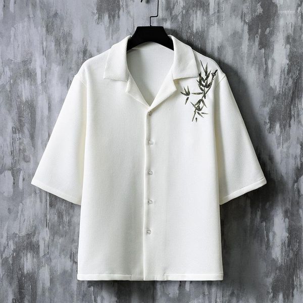 Camicie casual da uomo Camicia ricamata con risvolto foglia di bambù Abito da uomo Top Tinta unita Giacca moda coreana Bottone monopetto 2023