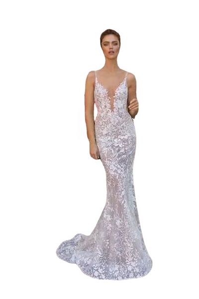 Abiti da sposa a sirena in pizzo pieno Berta Abiti da sposa sexy con scollo a V senza schienale Corpetti da illusione Abiti da sposa Moda Nuovi abiti da sposa