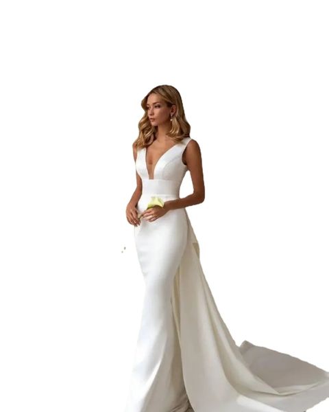 Abiti da sposa moderni a sirena con scollo a V profondo con fiocco grande Abiti da sposa eleganti in raso Boho Garden Sweep Train Sexy Open Back Fashion Bride Robes de Mariee