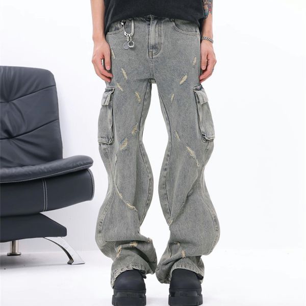 Jeans Masculino 2000S Cyber Y2K Streetwear Flare Baggy Rasgado Calça Cargo Vestuário Masculino Liso Irregular Calças Femininas Denim Ropa Hombre 230612