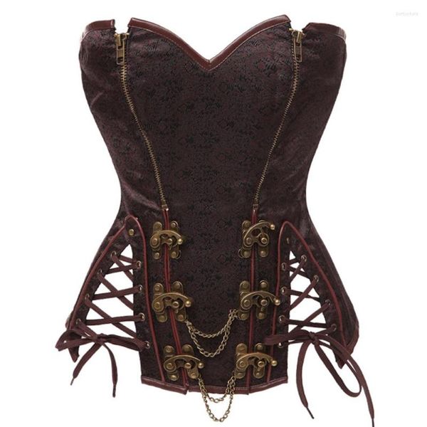 Bustiers Espartilhos Feminino Gótico Marrom Aço Desossado Overbust Cintura Treinamento Corrente Espartilho Lingerie Steampunk Com Zíper Tamanho S-6XL