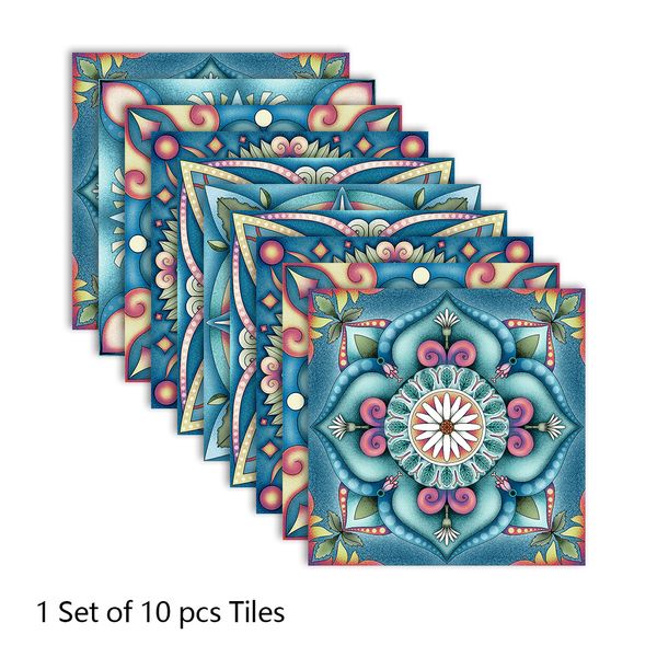 Azulejos estilo mandala colorido adesivo de chão cozinha banheiro chão decoração de casa resistente ao desgaste papel de parede de arte fosco à prova d'água