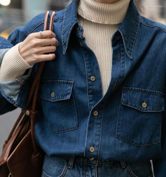 Damenblusen Frauen Blue Denim Shirts Frühling Herbst Langarm Taschen Mittellange Jean Oberbekleidung 2023 Mode Einreiher weiblich