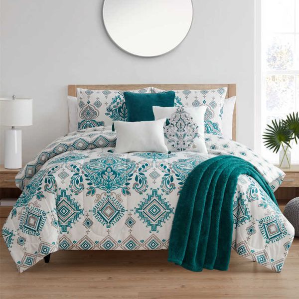Постилочные наборы VCNY Home Evergreen Bohemian 7peece Teal Damask Comforter Set Fullqueen обратимого Z0612