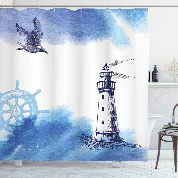 Cortinas farol cortina de chuveiro aquarelas nostálgicas com âncora de gaivota tema náutico tecido decoração de banheiro conjunto com ganchos
