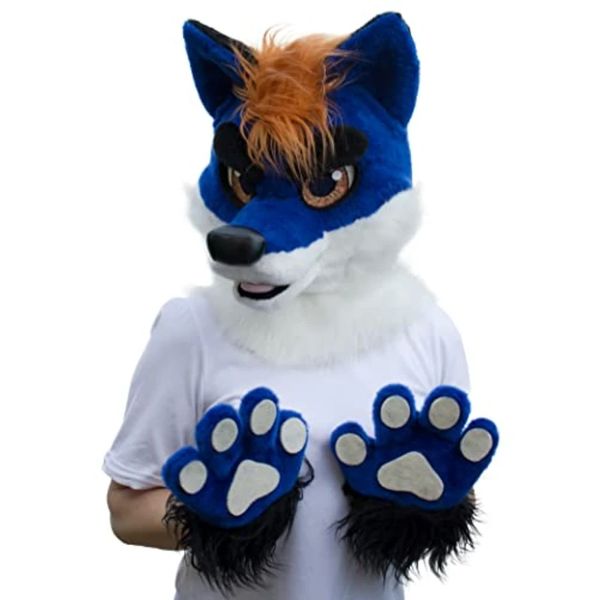 mascote dos desenhos animados Blue Wolf Husky Fur Set Head and Claws Costume Adequado para Grandes Eventos e Roupas de Desempenho