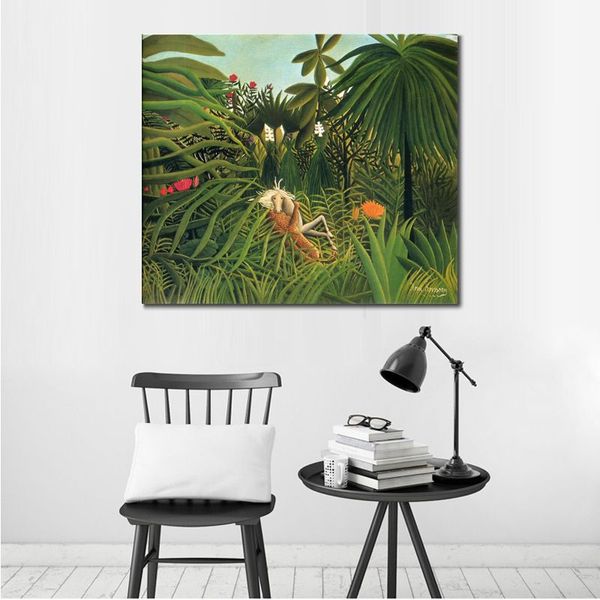 Superbe art naïf Henri Rousseau peinture Jaguar attaquant un cheval toile oeuvre peinte à la main moderne hôtel décor