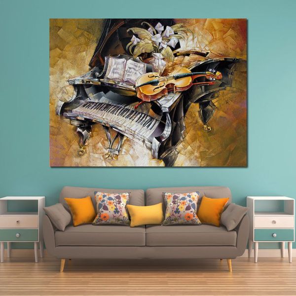 Violino de arte abstrata moderna em tela no piano de cauda pintura a óleo feita à mão decoração de parede contemporânea