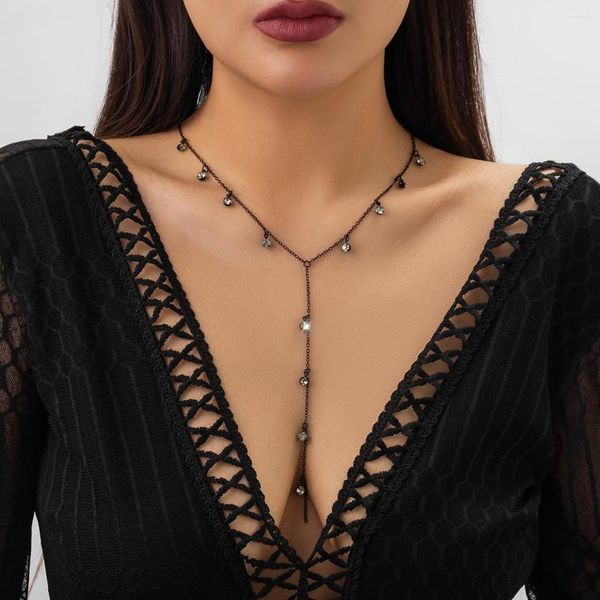 Ras du cou Lacteo Vintage strass noir chaîne collier pour femmes Long gland cou clavicule bijoux collier été fête cadeau