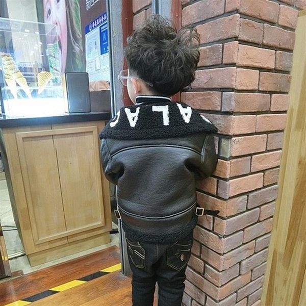 Новая осенняя кожаная куртка Baby Girlboy Kids Cool Black Poat Clothing Faux Letter Buith 201104243F