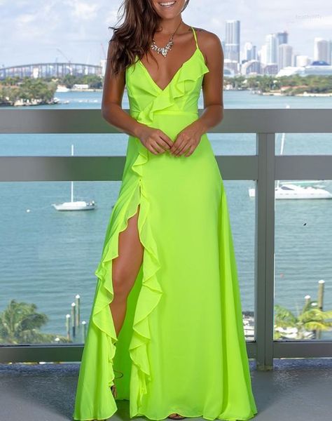 Casual Kleider Sexy für Frauen 2023 Sommer Mode Vestidos V-ausschnitt Plunge Rüschen Saum Schlitz Maxi Kleid Lange Rock Resort Strand stil