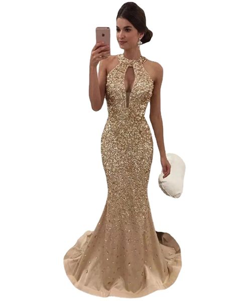 Plus Size Gold Pailletten Meerjungfrau Ballkleider Elegante lange Ärmel Abendkleider Schulterfrei Damen Rosa Formelles Kleid