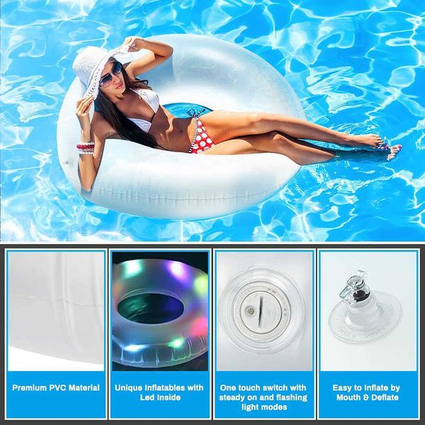 Tubos flutuantes infláveis LED para piscina iluminada flutuante anel de PVC criativo equipamento de natação leve portátil para adultos brinquedos para esportes aquáticos P230612