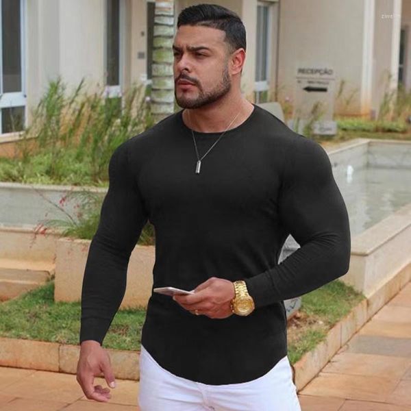 Camisetas masculinas, moda fitness, grossas, esportivas, manga longa, camisetas elásticas, de algodão, roupas finas, placa leve, treinamento de corrida