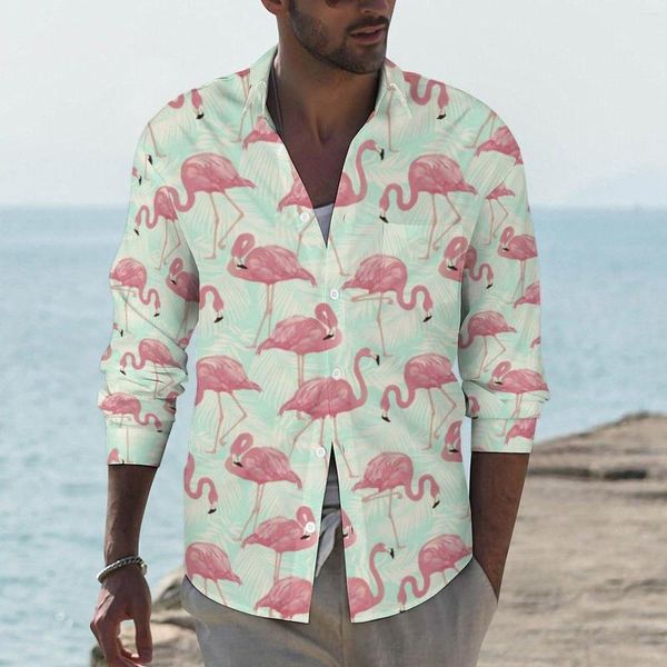 Herren-Freizeithemden, niedliches Flamingo-Muster, Hemd, tropischer Tierdruck, lange Ärmel, Grafik, Streetwear, Blusen, Vintage, übergroße Kleidung