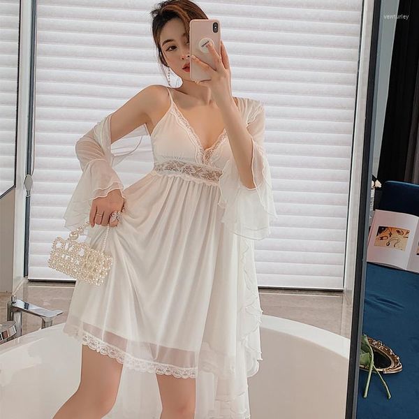 Kadınların pijama Kraliyet Mahkemesi Vintage Mesh Nightgown Sexy Sleepshirt Yaz Robe Dantel Setleri 2 PCS Samimi iç çamaşırı hırsız kimono elbisesi