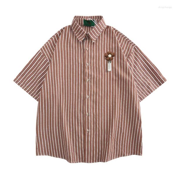 Мужские рубашки T 2023 Summer Loose Formize Fot Fot Men's Vintage Floral Stripe с коротким рукавом с коротким рукавом Вертикальная повседневная универсальная