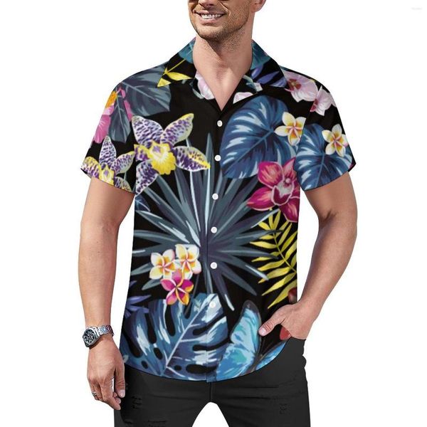 Freizeithemden für Herren, Palmblätter-Hemd, Dschungelblumen-Druck, Strand, lockere hawaiianische Streetwear-Blusen, kurze Ärmel, Übergröße
