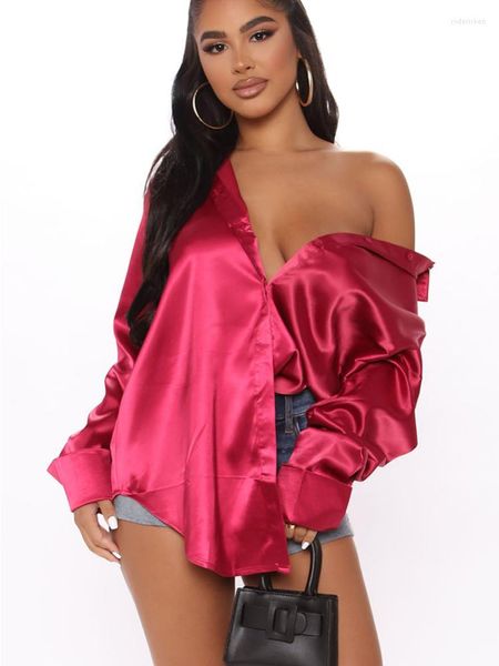 Frauen Blusen Satin Solide Turndown Kragen Casual Shirt Frauen Tops Chemise Femme Bluse Frauen Roupas Femininas Atacado Barato