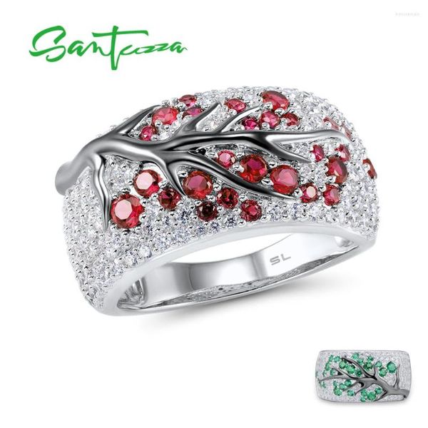 Cluster-Ringe SANTUZZA Silberring für Frauen Echter 925 Sterling Rosa Grüner Kirschbaum Zirkonia Damen Zarter Modeschmuck