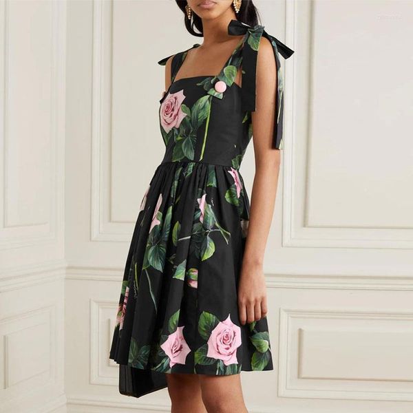 Abiti casual Runway Rose Flower Print Strap Abito estivo Donna A-Line Spaghetti Mini Abiti Abiti da spiaggia Nero Backless D565