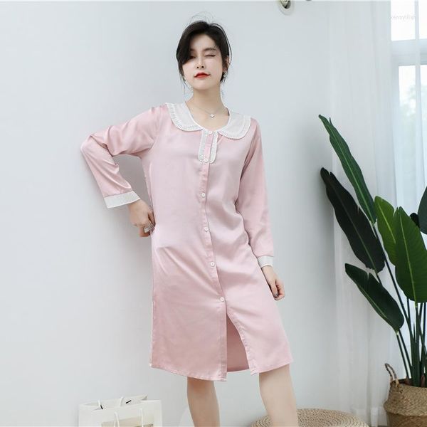 Pijamas femininos Camisolas de cetim rosa Primavera Outono Manga comprida Camisolas fofas com babados Camisola M-3XL Vestido de verão solto para casa