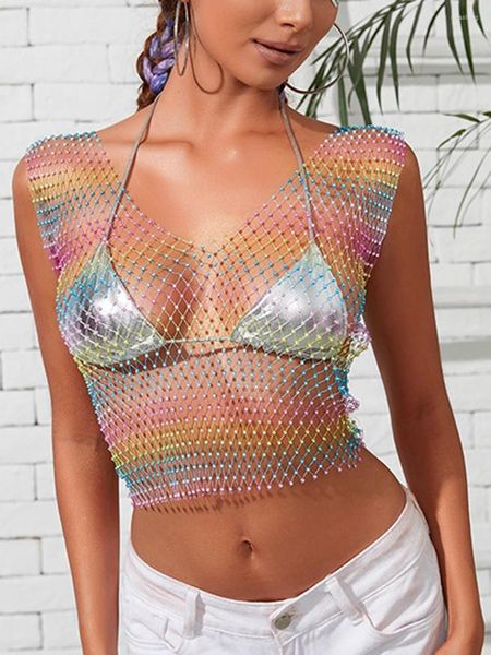 Regata Feminina Listenwind Regata Feminina de Malha P Diamante Recorte Transparente para Festival Club Rave Outfit (A-Lake Blue O Neck