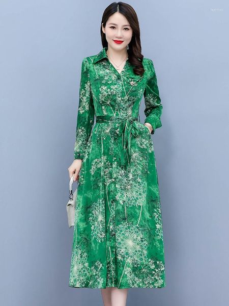 Abiti casual primavera autunno abito a maniche lunghe in raso abito da sera da sera floreale di lusso da donna 2023 verde blu elegante aderente