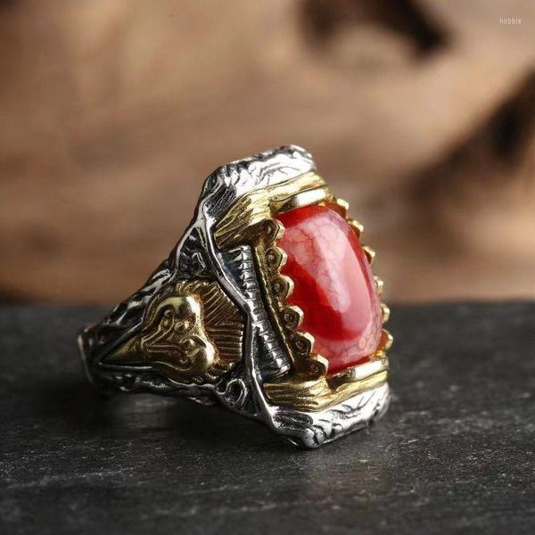 Кластерные кольца тибетские драконы шкала Феникс Кровь Тигр зубы серебро инкрустировано красное мясо Небесное жемчужное кольцо мужчина регулируется