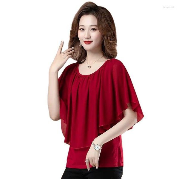 T-shirt da donna Donna Estate 2023 Giacca Camicia in chiffon Manica corta T-shirt per madre di mezza età Bat Hirt Half Women Dance Costum