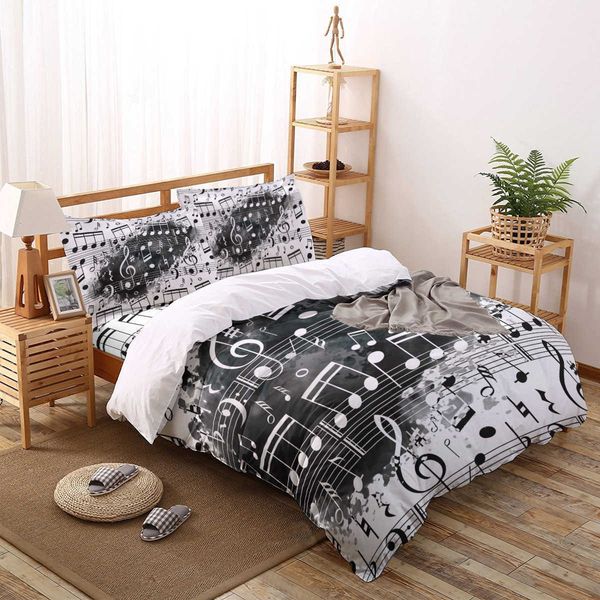 Set di biancheria da letto Nota musicale Musica Set copripiumino acquerello in bianco e nero Splatter 234 pezzi Set biancheria da letto Set copripiumino Z0612