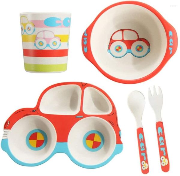 Set di stoviglie in bambù a forma di auto da 5 pezzi per bambini Set di piatti e ciotole ecologici lavabili in lavastoviglie