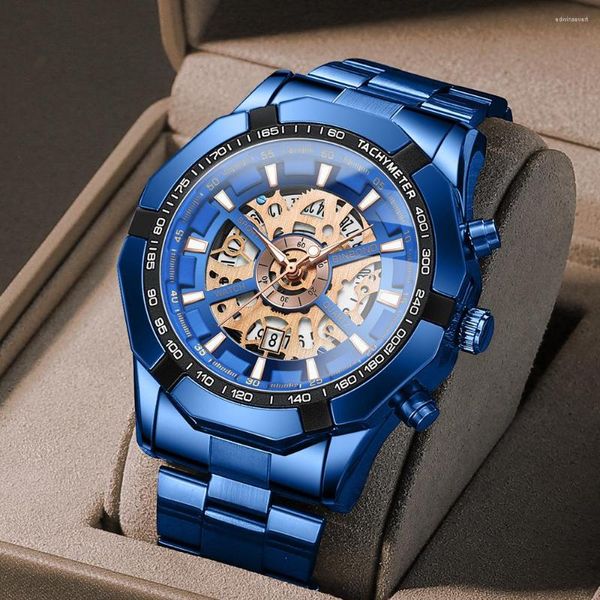 Armbanduhren BINBOND Skeleton Nicht Mechanische Armbanduhr Für Männer Wasserdichte Quarz Armbanduhr Blau Reloj Top Verkauf Mode Stahl Männlich