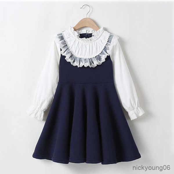 Vestidos de menina estilo universitário roupas de bebê meninas vestido outono primavera crianças patchwork roupas outono crianças manga longa azul branco R230612