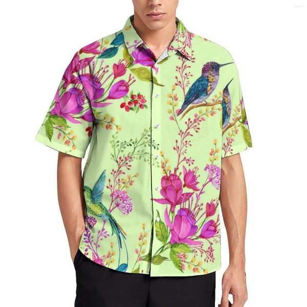 Camicie casual da uomo Camicette a fiori colibrì Uomo Botanical Art Hawaii Maniche corte Camicia da vacanza oversize vintage Regalo di compleanno