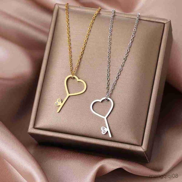 Anhänger Halsketten Edelstahl Süße Herz Schlüssel Kristall Zirkon Anhänger Halsband Kette Koreanische Mode Halskette Für Frauen Schmuck Geschenke R230612