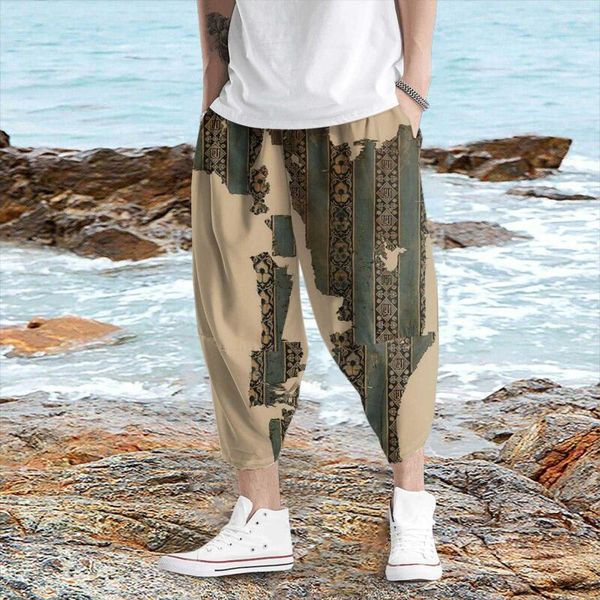 Calça masculina Baggy Harem Calças masculinas estampadas étnicas casuais Hippie Joggers Calças transversais Lanternas largas Pantalon de perna larga