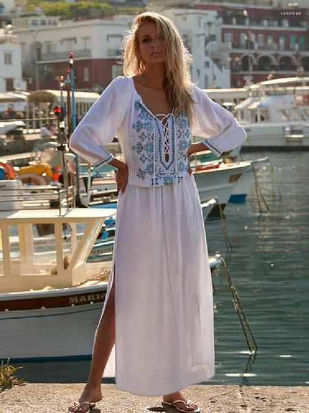 Abiti casual 2023 Sexy Lace Up Scollo profondo Side Split Ricamato Kaftan Summer Dress White Tunica Women Beach Wear Maxi Q794