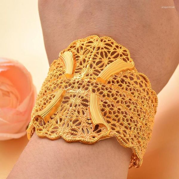 Armreif Blume Braut 24K Gold Farbe Dubai Armreifen Für Frauen Afrikanische Äthiopische Armbänder Mit Ring Hochzeit Schmuck Party Geschenke
