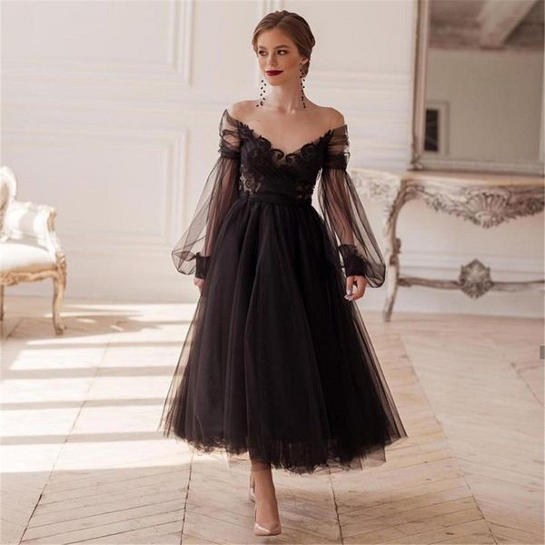 Zarif siyah prenses gece elbisesi 2023 A-line illüzyon uzun kollu v yaka dantel aplikeler ayak bileği uzunluğu parti balo elbisesi