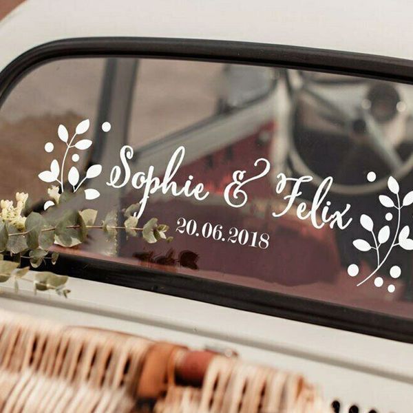 Adesivo per auto da matrimonio Vinyl Art Design Floreale Nome e data personalizzati Decorazioni per matrimoni Decalcomanie per auto Just Married Custom Wedding A986