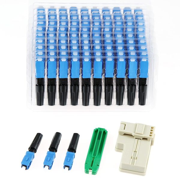 Conector rápido de fibra óptica 100pcs SC UPC com ferramentas correspondentes Conectores reutilizáveis de fibra de modo único SM 9/125 Adaptador de conectores rápidos de emenda mecânica